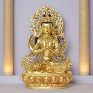 AVALOKITESVARA Large Artisan BUDDHA Statue-4 Arms-Gilded Copper Metal Sculpture